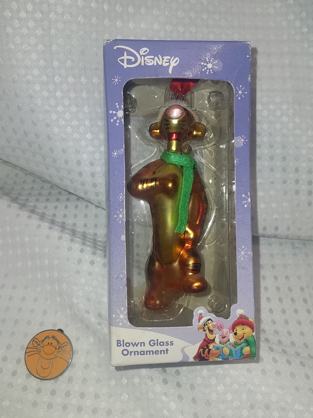 Disney Blown Glass Tigger Ornament - Iridescent Orange And A Disney Pin